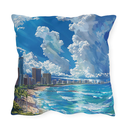 Waikiki Beach Square Outdoor Pillow - Spun Polyester - Double-Sided Print - UV-Resistant - Water-Resistant - Available in 3 sizes.