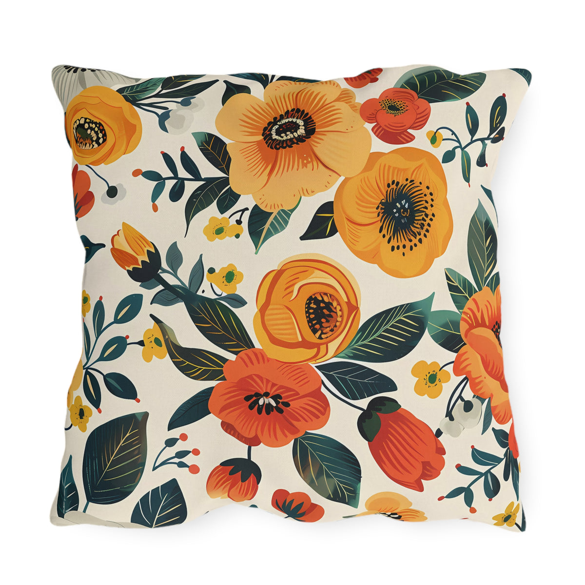 Golden Bloom Harmony Square Outdoor Pillow - Spun Polyester - Double-Sided Print - UV-Resistant - Water-Resistant - Available in 3 sizes.