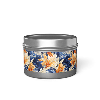 Feathered Fresco Fusion Tin Candle. A Touch of Feathered Grace in Every Flicker. Available in 2 sizes, 3 finishes, and 5 scents.