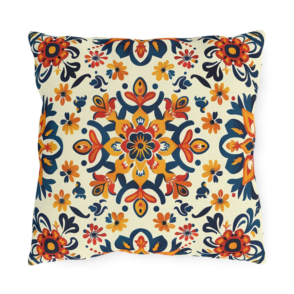 Sevilla Sunburst Square Outdoor Pillow - Spun Polyester - Double-Sided Print - UV-Resistant - Water-Resistant - Available in 3 sizes.