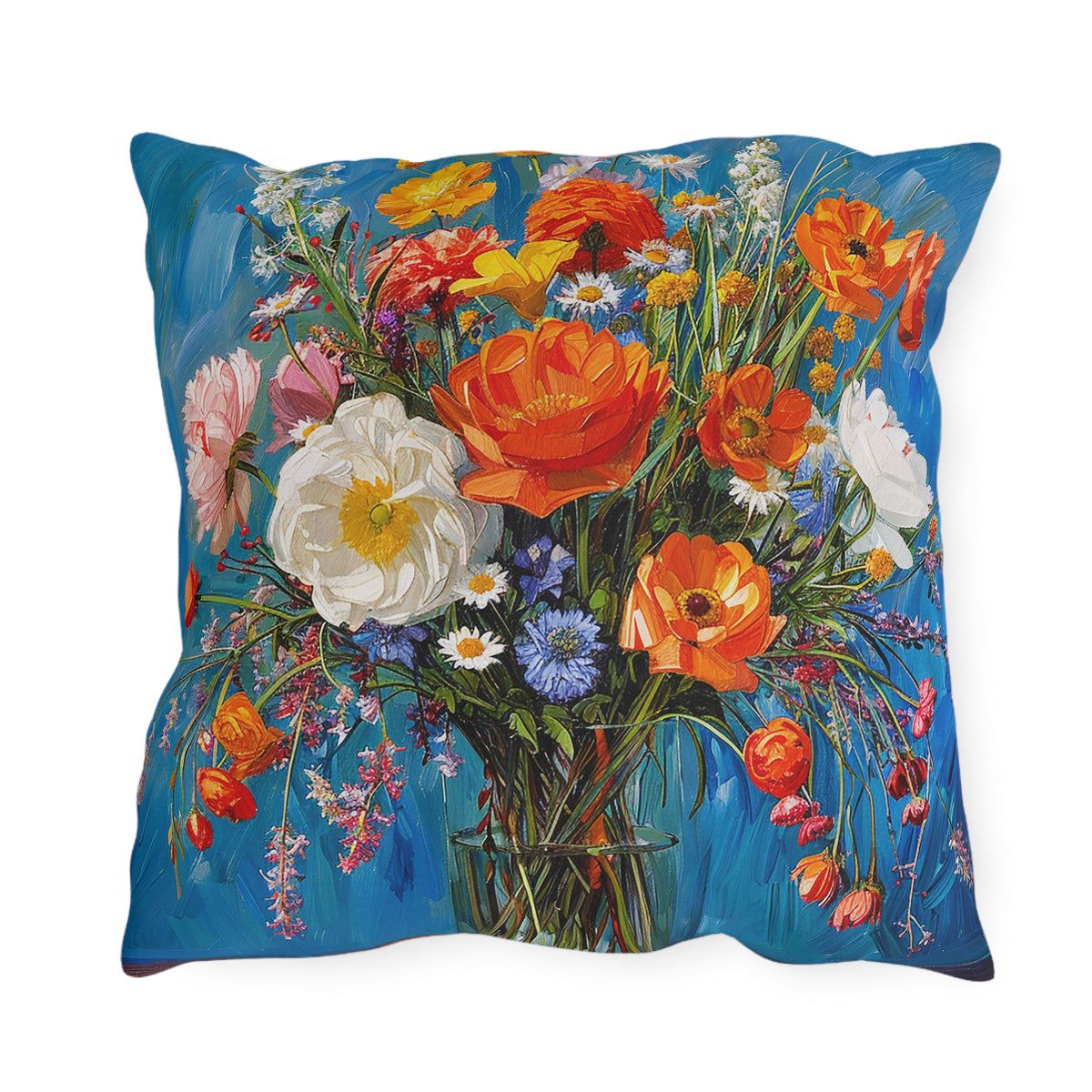 Blossoms on Blue Square Outdoor Pillow - Spun Polyester - Double-Sided Print - UV-Resistant - Water-Resistant - Available in 3 sizes.