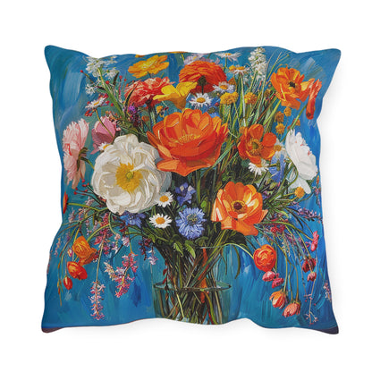 Blossoms on Blue Square Outdoor Pillow - Spun Polyester - Double-Sided Print - UV-Resistant - Water-Resistant - Available in 3 sizes.