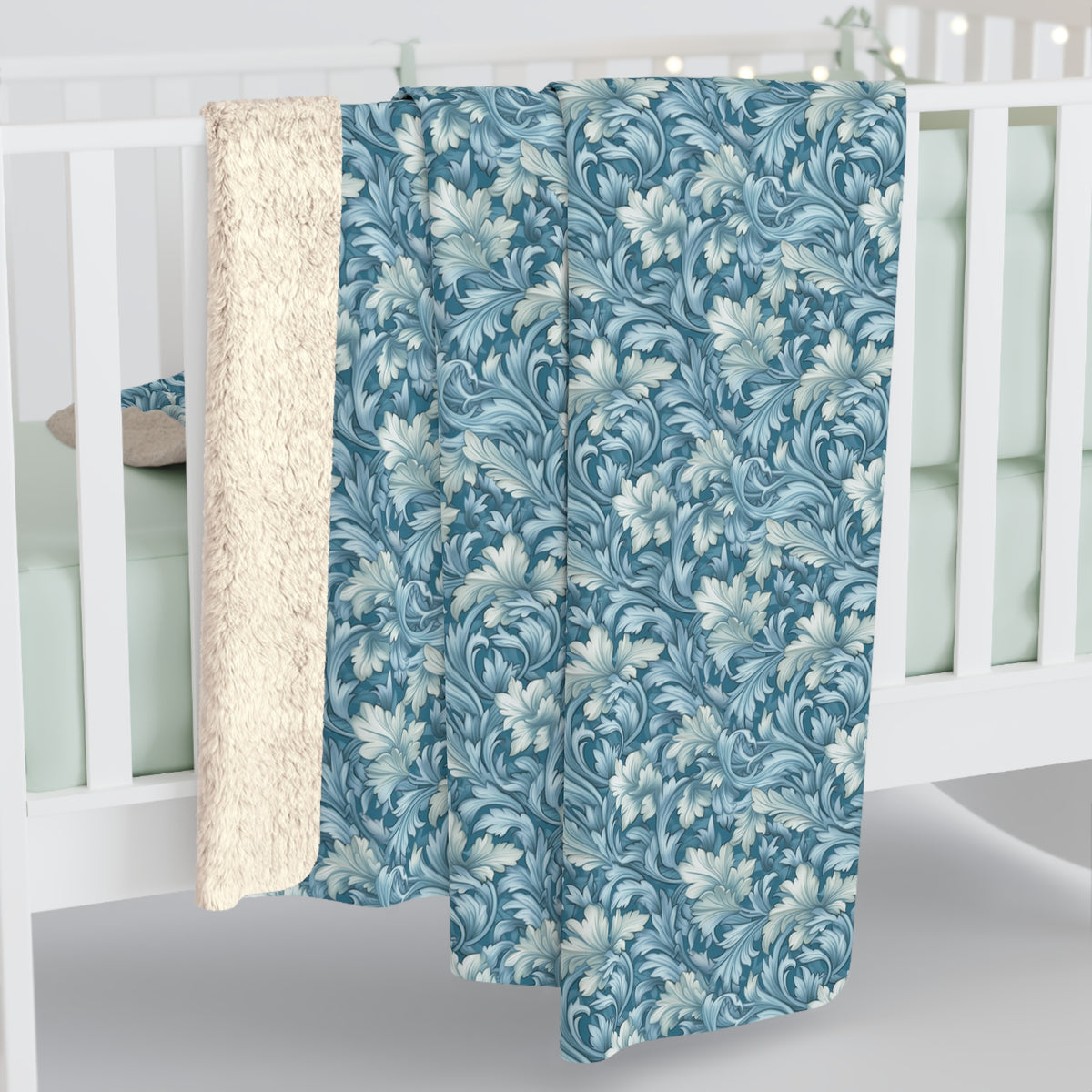 Soft Blue Leaf Tapestry Sherpa Fleece Blanket - Antique Charm, Modern Warmth: Snuggle Up with Soft Blue Leaf Tapestry! Available in 2 sizes.