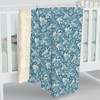 Soft Blue Leaf Tapestry Sherpa Fleece Blanket - Antique Charm, Modern Warmth: Snuggle Up with Soft Blue Leaf Tapestry! Available in 2 sizes.