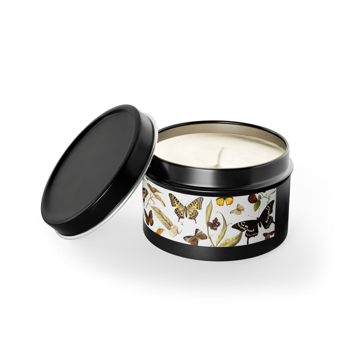 Botanical Butterflies Tin Candle. Flutter into Serenity with Botanical Butterflies. Available in 2 sizes, 3 finishes, and 5 scents.