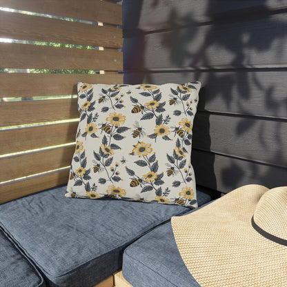 Buzzing Blossoms Square Outdoor Pillow - Spun Polyester - Double-Sided Print - UV-Resistant - Water-Resistant - Available in 3 sizes.