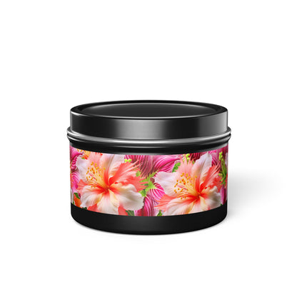 Tropical Hibiscus Bloom Tin Candle. Breathe in Paradise - Where Every Flame Dances with Floral Harmony. Available in 2 sizes, 3 finishes, and 5 scents.