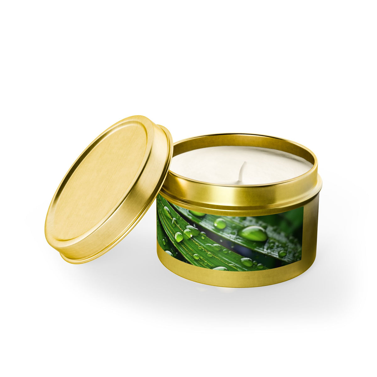 Tranquility Palm Tin Candle. Serenity in Every Spark - Embrace Nature's Calm. Available in 2 sizes, 3 finishes, and 5 scents.