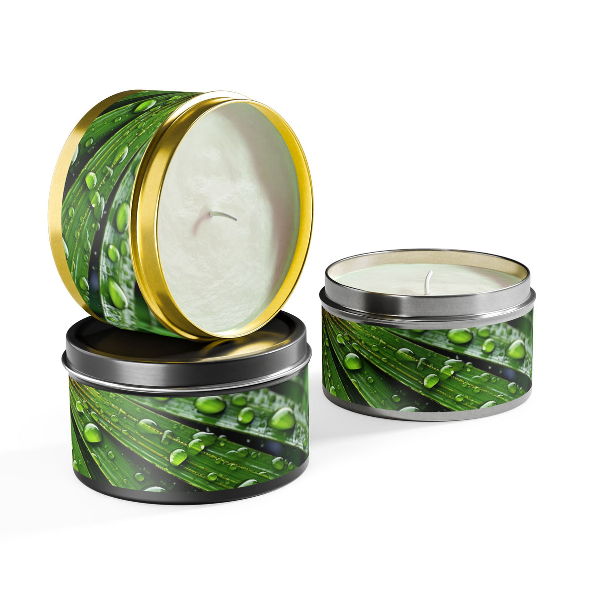 Tranquility Palm Tin Candle. Serenity in Every Spark - Embrace Nature's Calm. Available in 2 sizes, 3 finishes, and 5 scents.