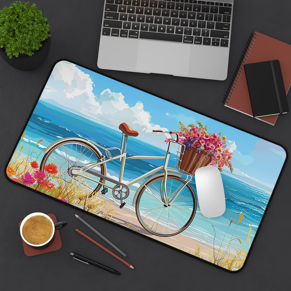 Daisy Beach Rider Desk Mat - Cycle the Beach During Your Work - Gorgeous Bike, Flowers & Beach! Available in 3 sizes.