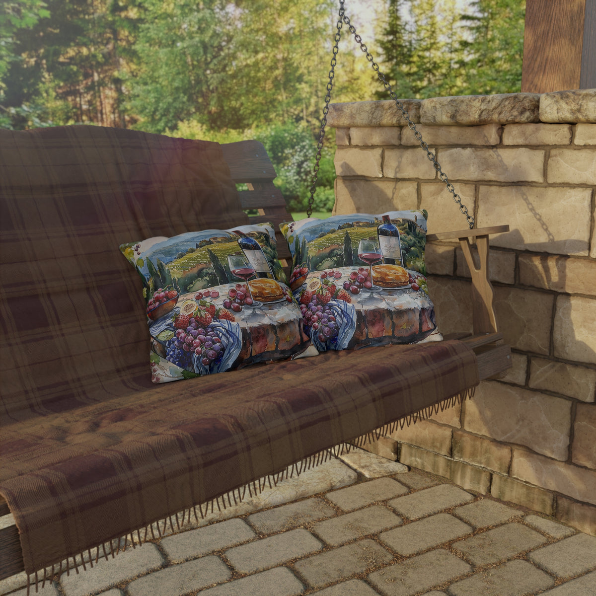 Tuscan Vineyard Vignette Square Outdoor Pillow - Spun Polyester - Double-Sided Print - UV-Resistant - Water-Resistant - Available in 3 sizes.