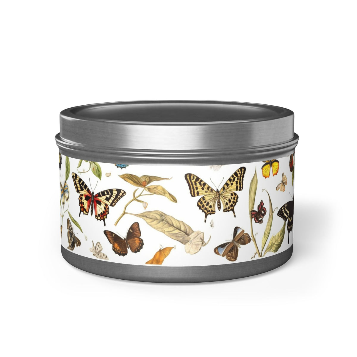 Botanical Butterflies Tin Candle. Flutter into Serenity with Botanical Butterflies. Available in 2 sizes, 3 finishes, and 5 scents.