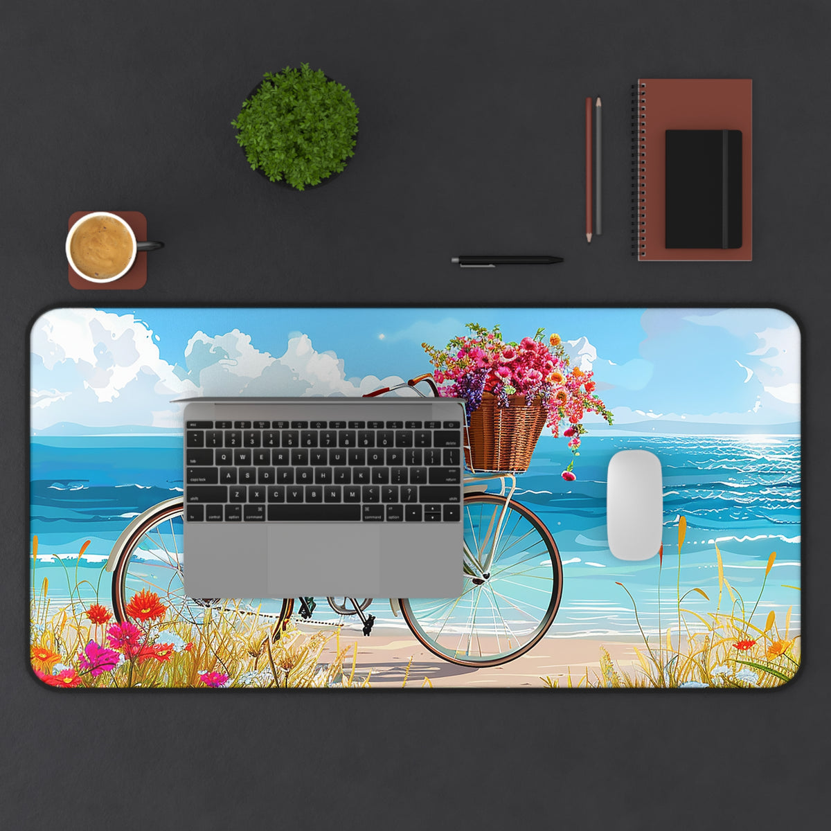 Daisy Beach Rider Desk Mat - Cycle the Beach During Your Work - Gorgeous Bike, Flowers & Beach! Available in 3 sizes.