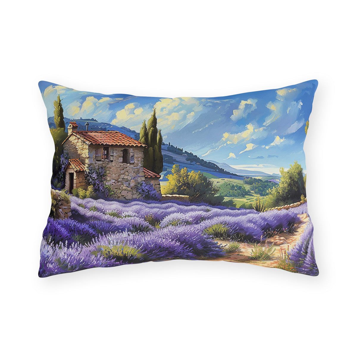 Tuscan Lavender Dreams Outdoor Lumbar Pillow - Spun Polyester - Double-Sided Print - UV-Resistant - Water-Resistant - Lumbar size: 20" x 14"