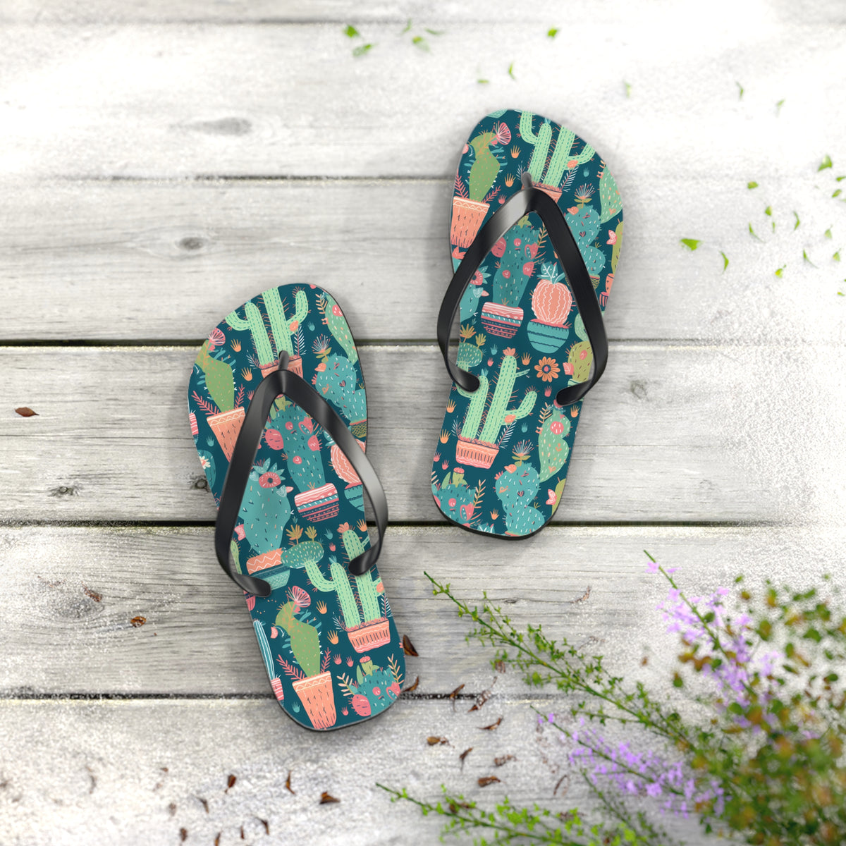 Cactus Cacophany Flip Flops. 5/8" Thick Comfortable Summer or Winter Gym/Sauna Footwear for Men and Women. Bring Fun Cactus-inspired Artwork into Your Life!