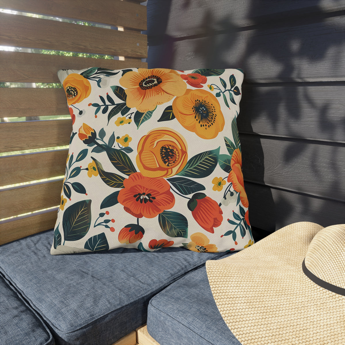 Golden Bloom Harmony Square Outdoor Pillow - Spun Polyester - Double-Sided Print - UV-Resistant - Water-Resistant - Available in 3 sizes.