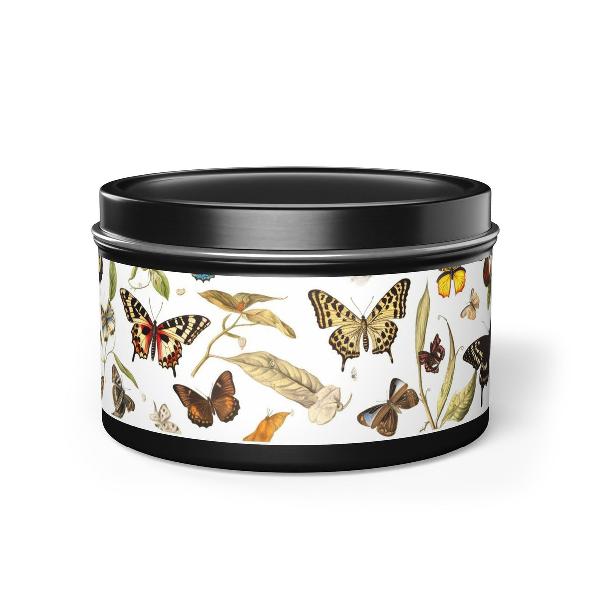 Botanical Butterflies Tin Candle. Flutter into Serenity with Botanical Butterflies. Available in 2 sizes, 3 finishes, and 5 scents.
