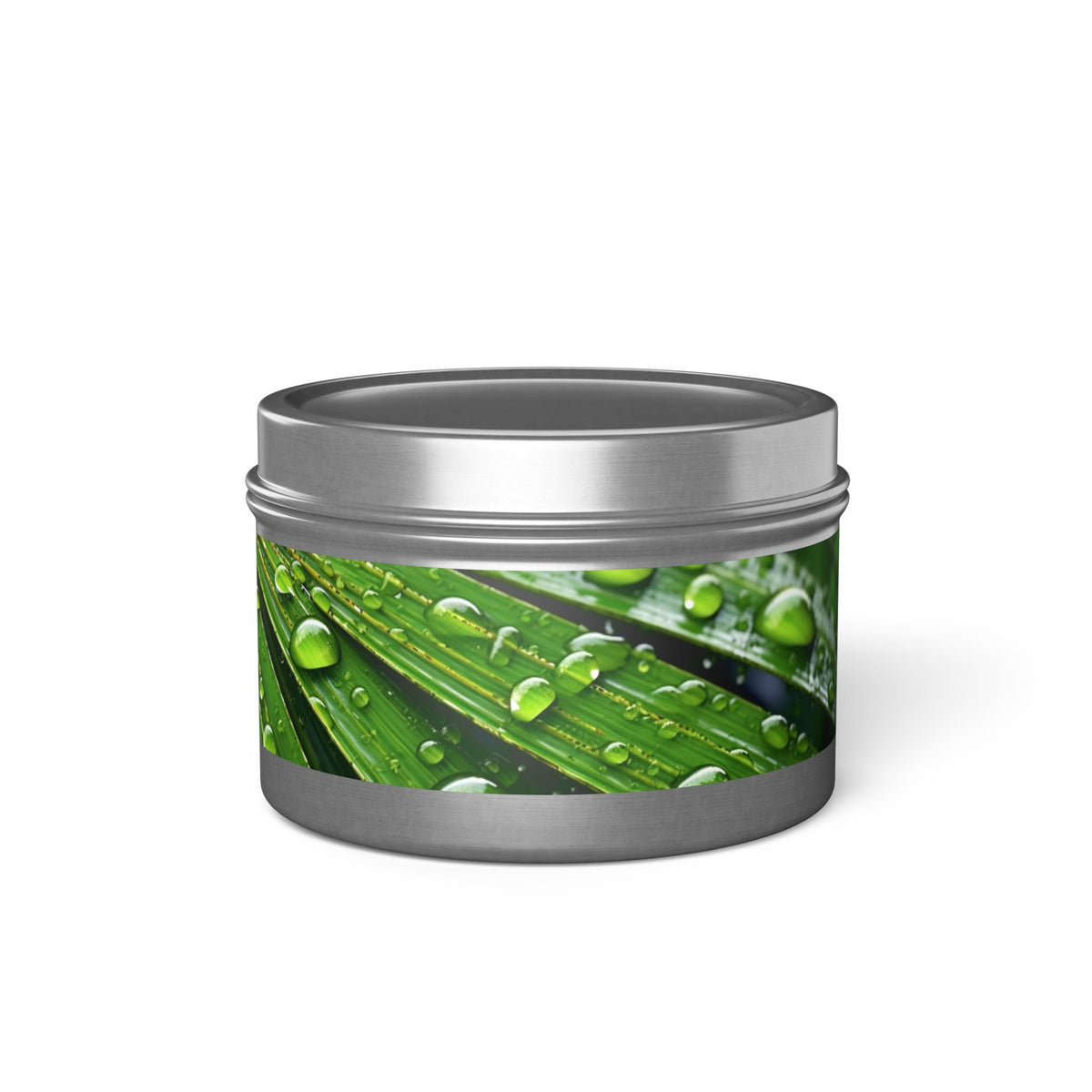 Tranquility Palm Tin Candle. Serenity in Every Spark - Embrace Nature's Calm. Available in 2 sizes, 3 finishes, and 5 scents.