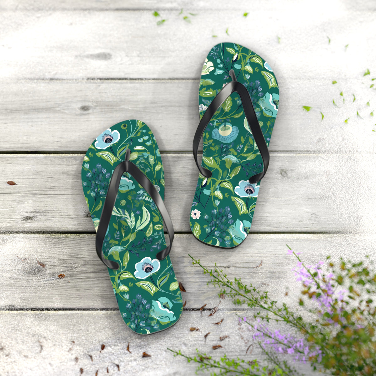 Serene Green Floral Flip Flops. 5/8" Thick Comfortable Summer Beach Footwear or Winter Gym/Sauna Footwear for Men and Women.