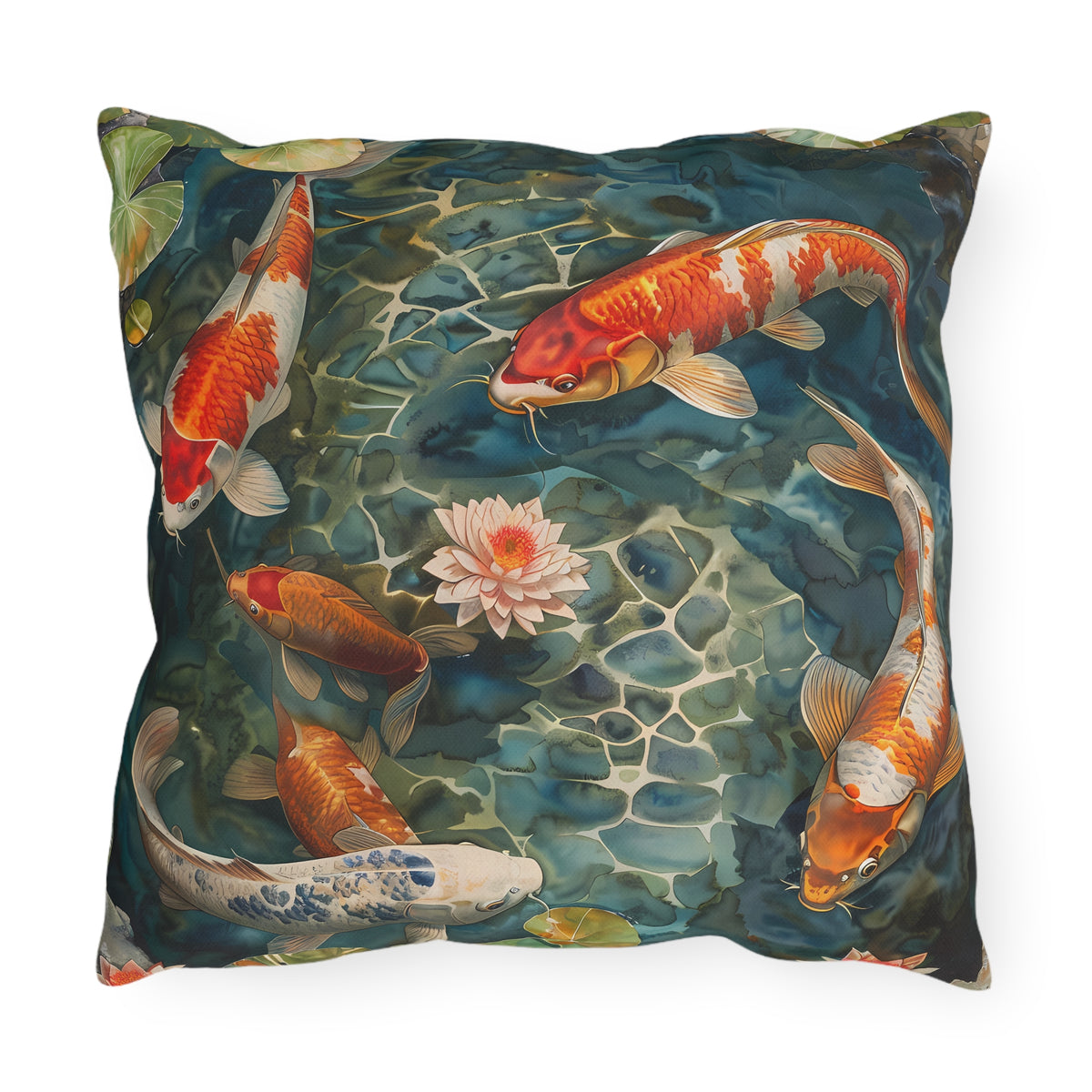 Tranquil Koi Oasis Square Outdoor Pillow - Spun Polyester - Double-Sided Print - UV-Resistant - Water-Resistant - Available in 3 sizes.