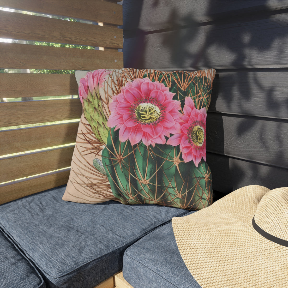 Blooming Cactus Square Outdoor Pillow - Spun Polyester - Double-Sided Print - UV-Resistant - Water-Resistant - Available in 3 sizes.