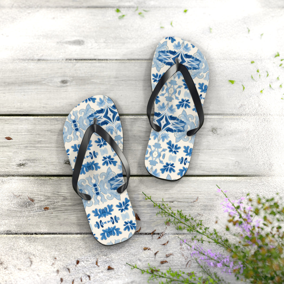Blue Spanish Tile Flip Flops. 5/8" Thick Comfortable Summer or Winter Gym/Sauna Footwear for Men and Women.