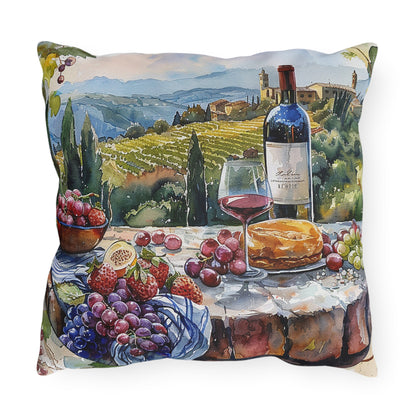 Tuscan Vineyard Vignette Square Outdoor Pillow - Spun Polyester - Double-Sided Print - UV-Resistant - Water-Resistant - Available in 3 sizes.