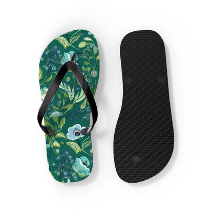 Serene Green Floral Flip Flops. 5/8" Thick Comfortable Summer Beach Footwear or Winter Gym/Sauna Footwear for Men and Women.