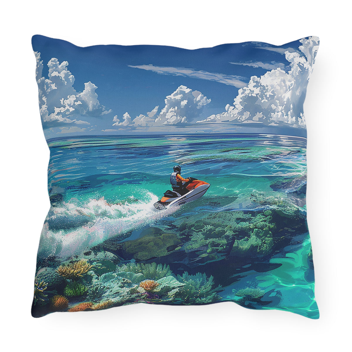 Jet Ski Tropical Paradise Square Outdoor Pillow - Spun Polyester - Double-Sided Print - UV Resistant - Water Resistant - Available in 3 sizes.