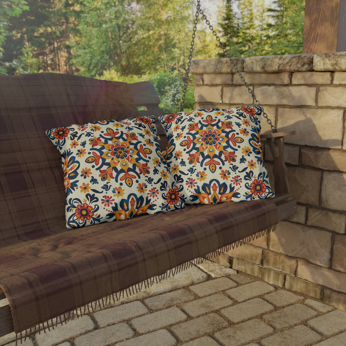 Sevilla Sunburst Square Outdoor Pillow - Spun Polyester - Double-Sided Print - UV-Resistant - Water-Resistant - Available in 3 sizes.