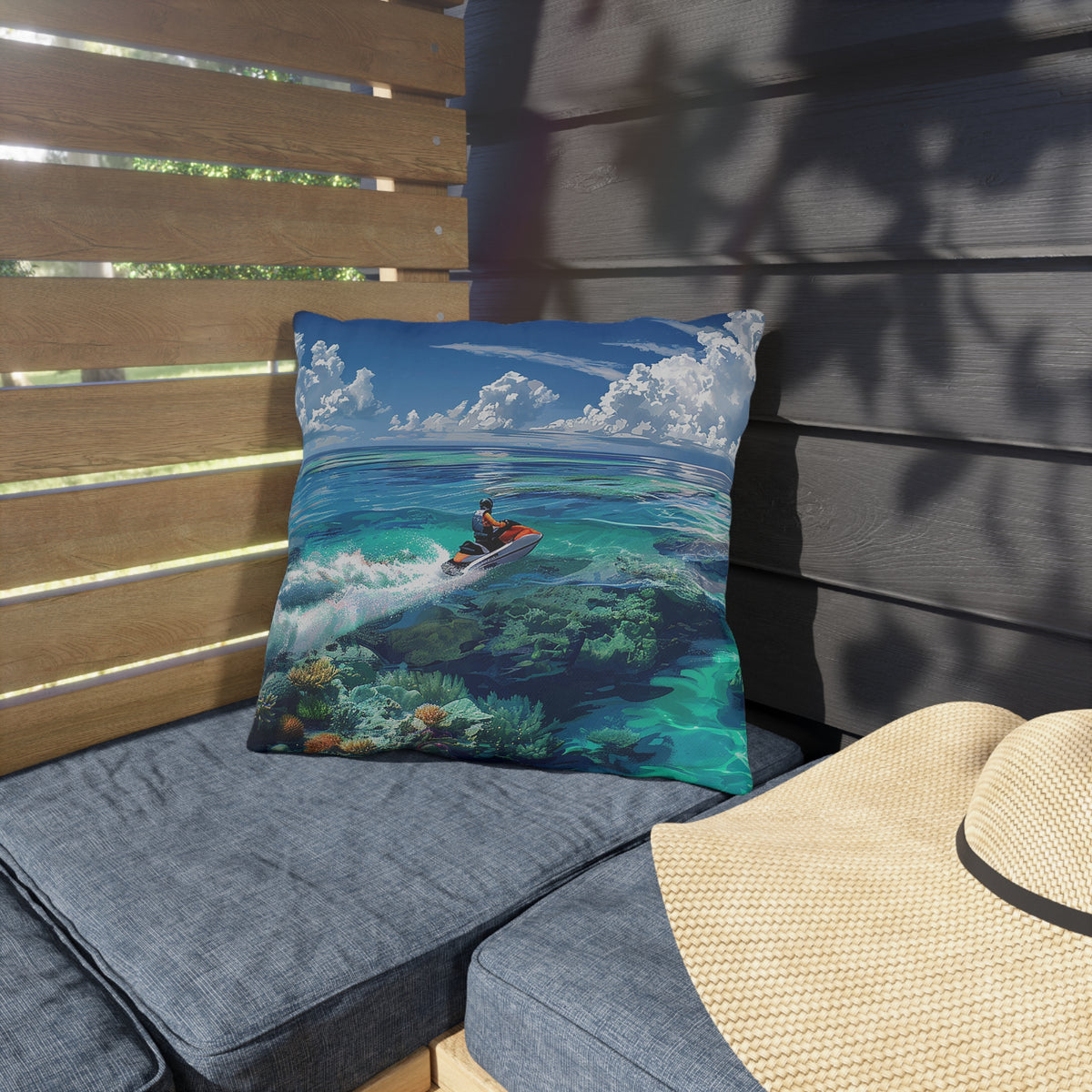 Jet Ski Tropical Paradise Square Outdoor Pillow - Spun Polyester - Double-Sided Print - UV Resistant - Water Resistant - Available in 3 sizes.