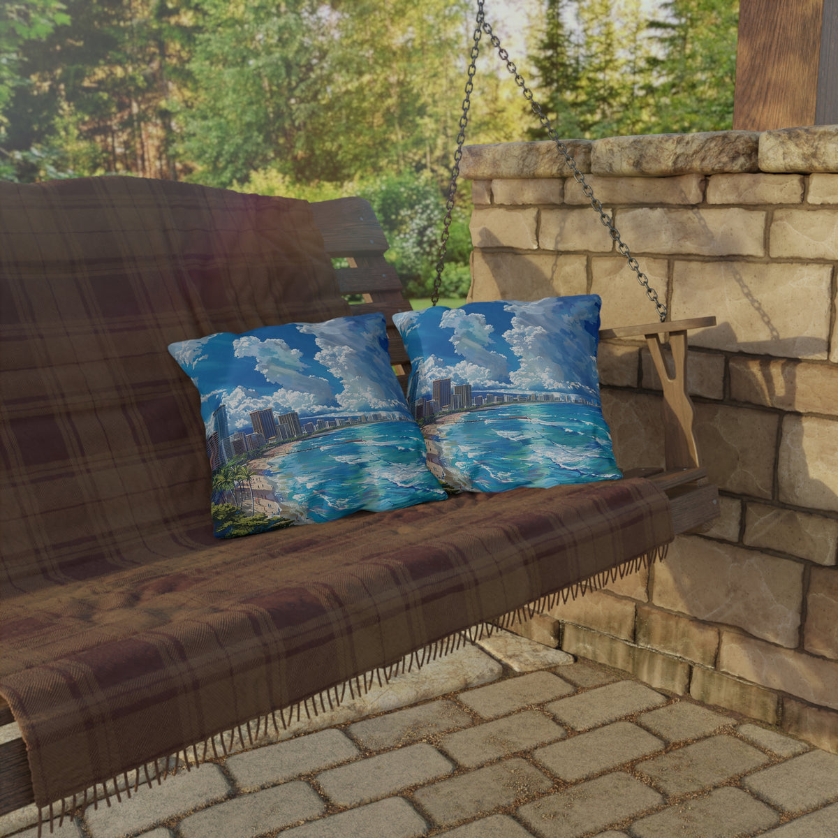 Waikiki Beach Square Outdoor Pillow - Spun Polyester - Double-Sided Print - UV-Resistant - Water-Resistant - Available in 3 sizes.