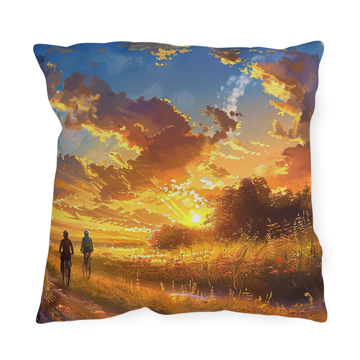 Golden Sunset Ride Square Outdoor Pillow - Spun Polyester - Double-Sided Print - UV-Resistant - Water-Resistant - Available in 3 sizes.