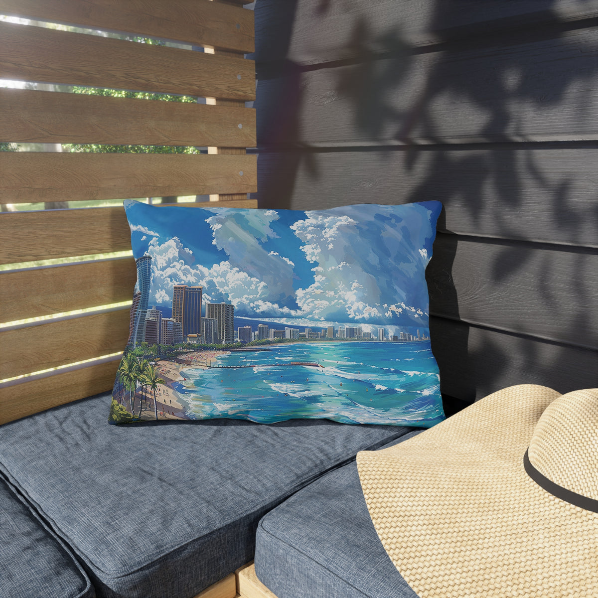 Waikiki Beach Outdoor Lumbar Pillow - Spun Polyester - Double-Sided Print - UV-Resistant - Water-Resistant - Lumbar size: 20" x 14"