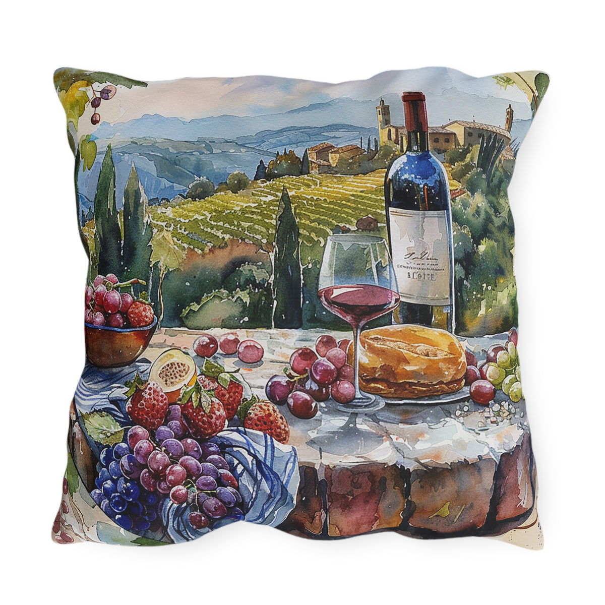 Tuscan Vineyard Vignette Square Outdoor Pillow - Spun Polyester - Double-Sided Print - UV-Resistant - Water-Resistant - Available in 3 sizes.