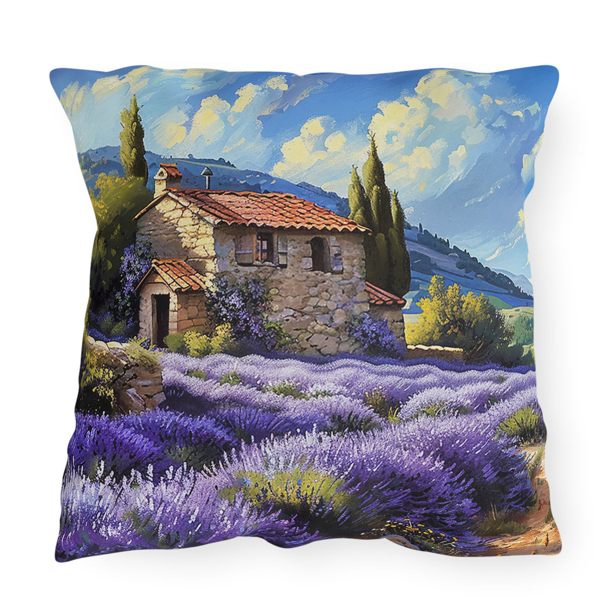 Tuscan Lavender Dreams Square Outdoor Pillow - Spun Polyester - Double-Sided Print - UV-Resistant - Water-Resistant - Available in 3 sizes.