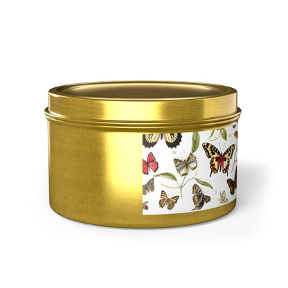 Botanical Butterflies Tin Candle. Flutter into Serenity with Botanical Butterflies. Available in 2 sizes, 3 finishes, and 5 scents.