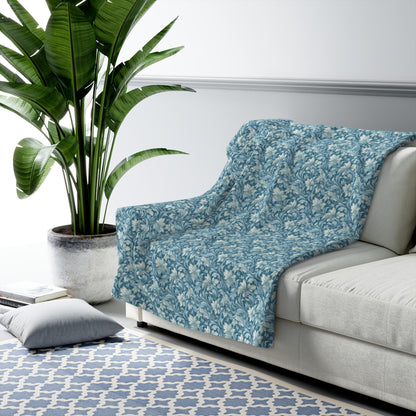 Soft Blue Leaf Tapestry Sherpa Fleece Blanket - Antique Charm, Modern Warmth: Snuggle Up with Soft Blue Leaf Tapestry! Available in 2 sizes.