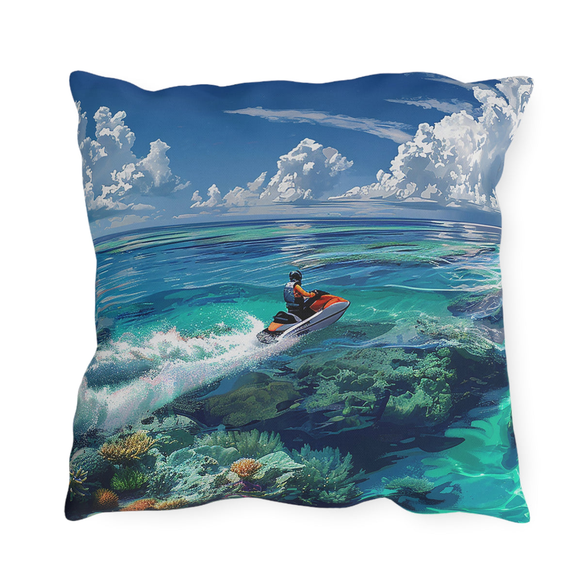 Jet Ski Tropical Paradise Square Outdoor Pillow - Spun Polyester - Double-Sided Print - UV Resistant - Water Resistant - Available in 3 sizes.