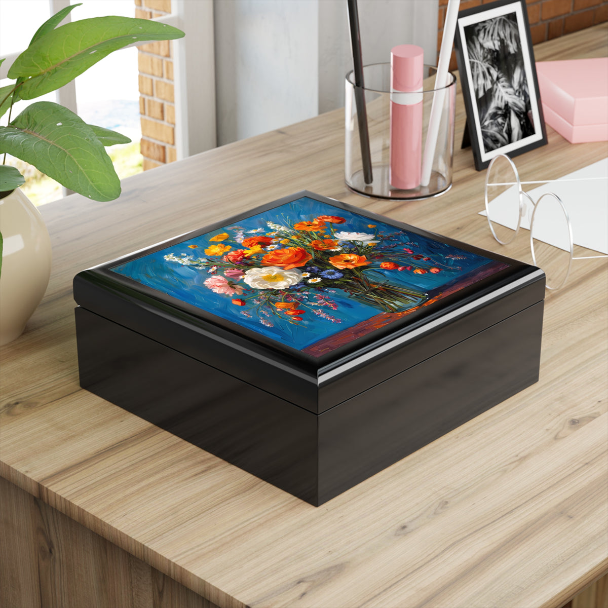 Blossoms on Blue Jewelry Box - Where Elegance Meets the Tranquil Beauty of Blooms! High Quality Rubberwood Jewelry Box with Glossy Finish. Perfect gift.