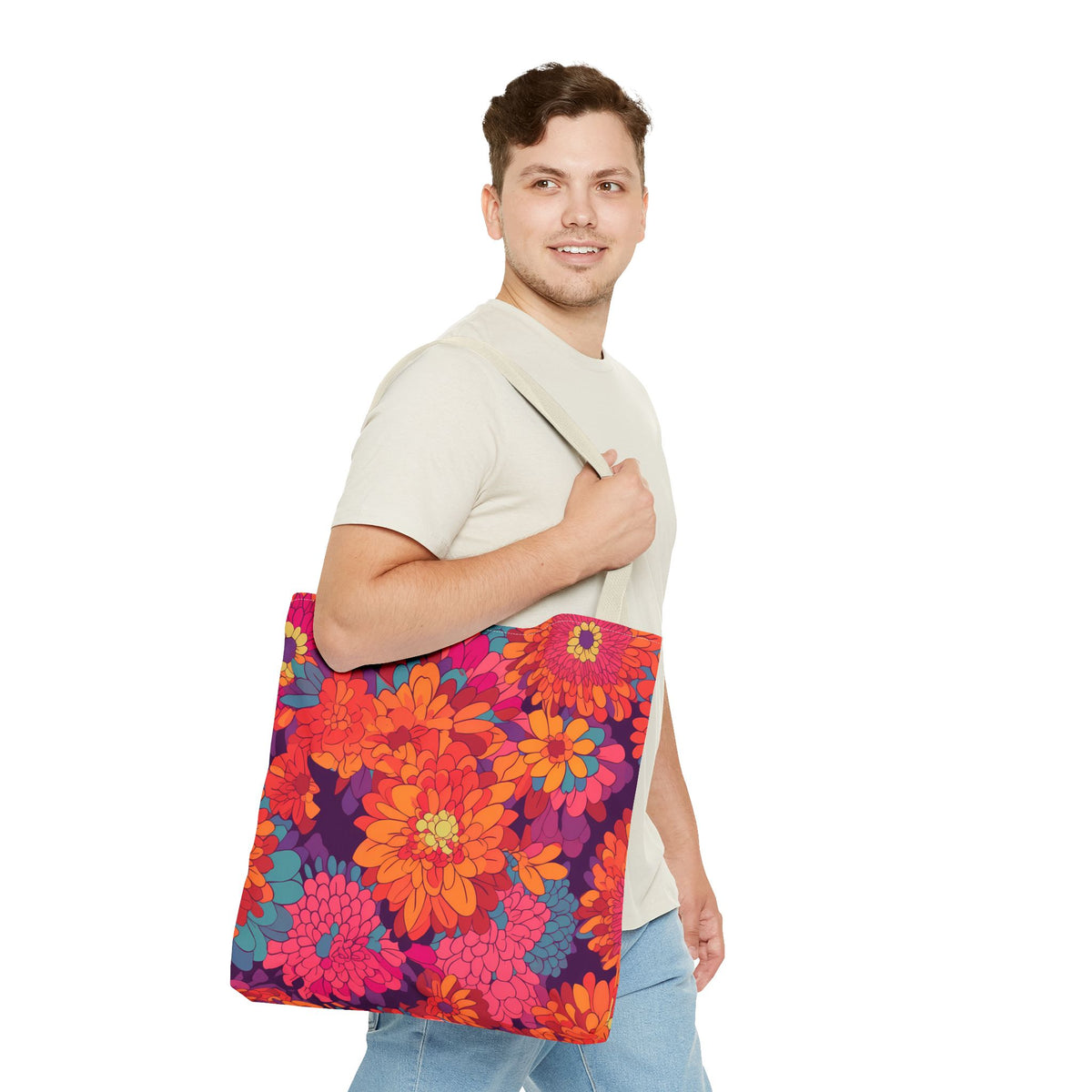 On Fire Flower Power Tote Bag - Bring Electrifying 60s Groovy Flowers on Your Next Adventure! Available in 3 sizes.