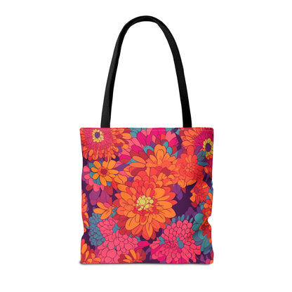 On Fire Flower Power Tote Bag - Bring Electrifying 60s Groovy Flowers on Your Next Adventure! Available in 3 sizes.