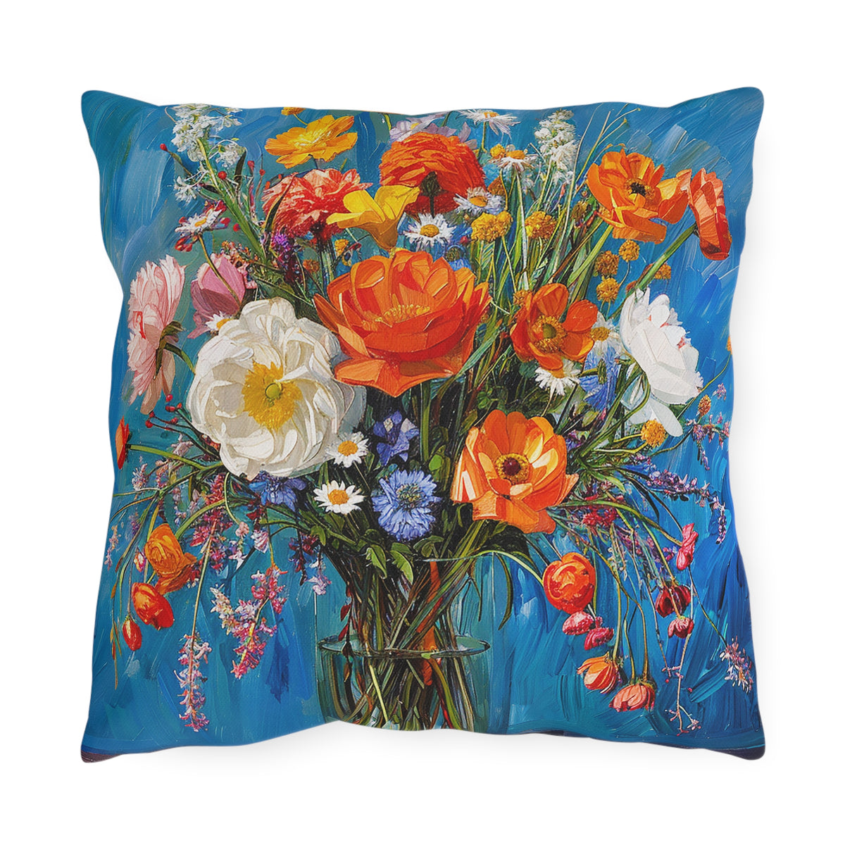 Blossoms on Blue Square Outdoor Pillow - Spun Polyester - Double-Sided Print - UV-Resistant - Water-Resistant - Available in 3 sizes.