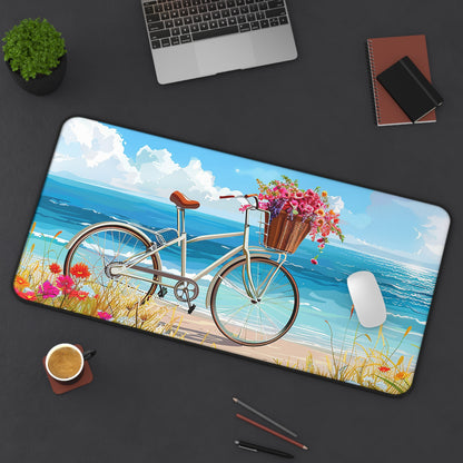 Daisy Beach Rider Desk Mat - Cycle the Beach During Your Work - Gorgeous Bike, Flowers & Beach! Available in 3 sizes.