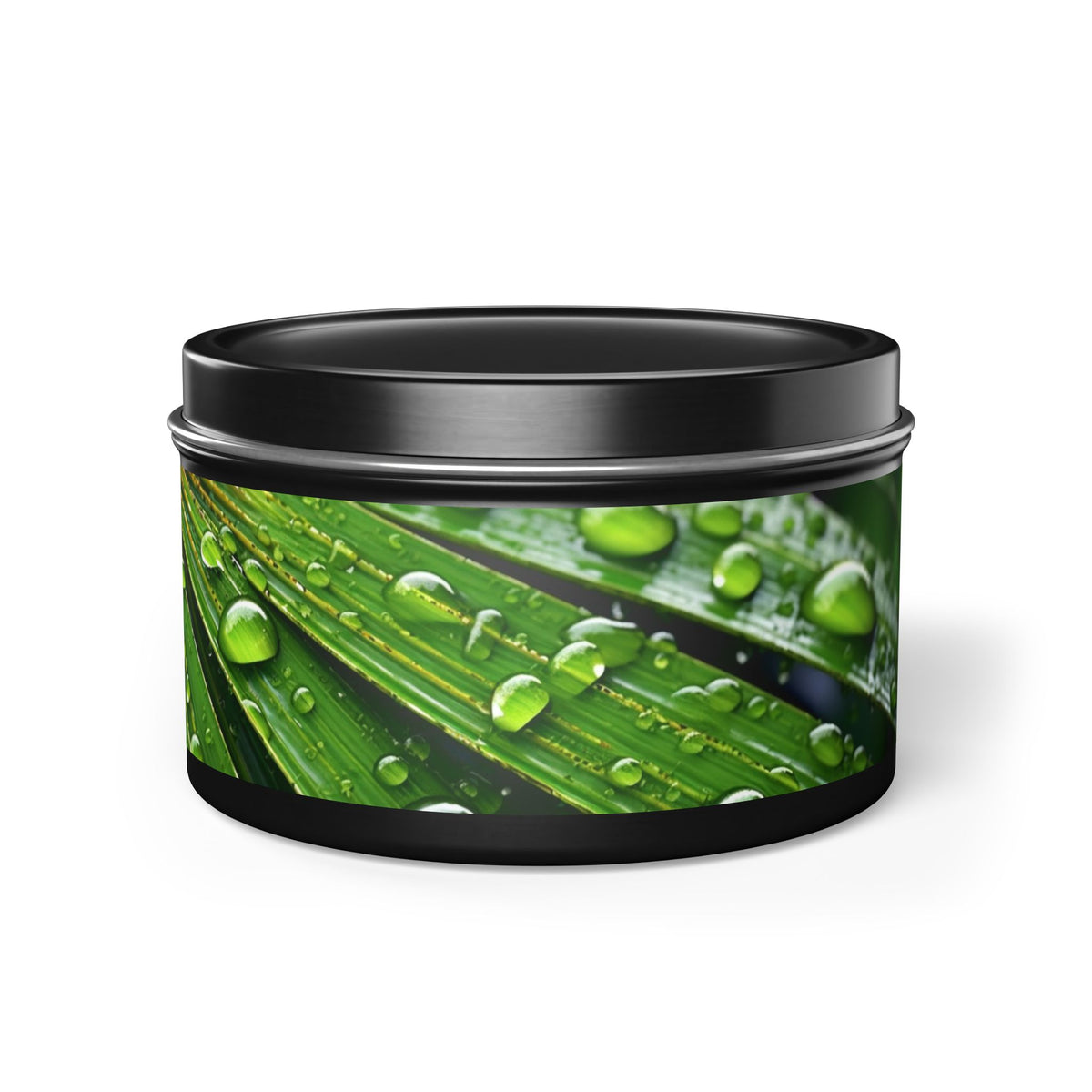 Tranquility Palm Tin Candle. Serenity in Every Spark - Embrace Nature's Calm. Available in 2 sizes, 3 finishes, and 5 scents.