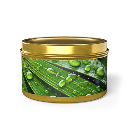 Tranquility Palm Tin Candle. Serenity in Every Spark - Embrace Nature's Calm. Available in 2 sizes, 3 finishes, and 5 scents.