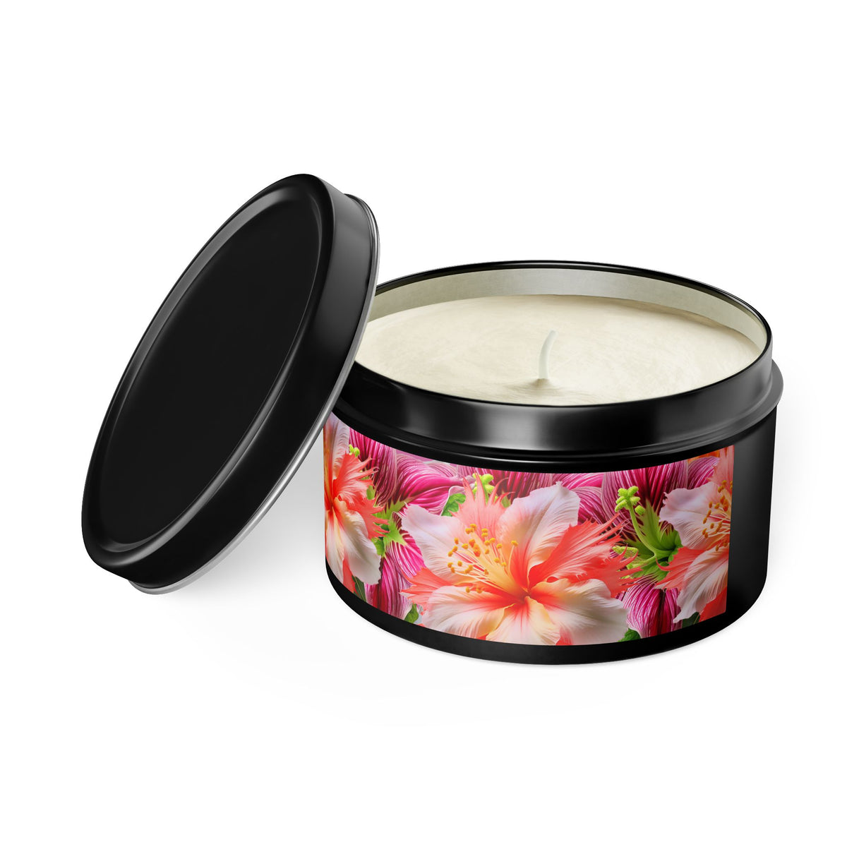Tropical Hibiscus Bloom Tin Candle. Breathe in Paradise - Where Every Flame Dances with Floral Harmony. Available in 2 sizes, 3 finishes, and 5 scents.