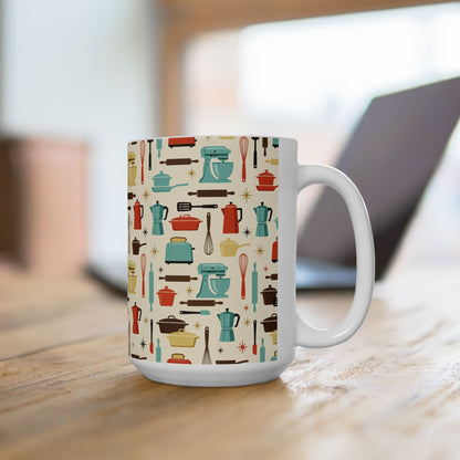 Midcentury Kitchen Tools Ceramic Mug - 15 oz - Art on Every Side, Morning Approved.