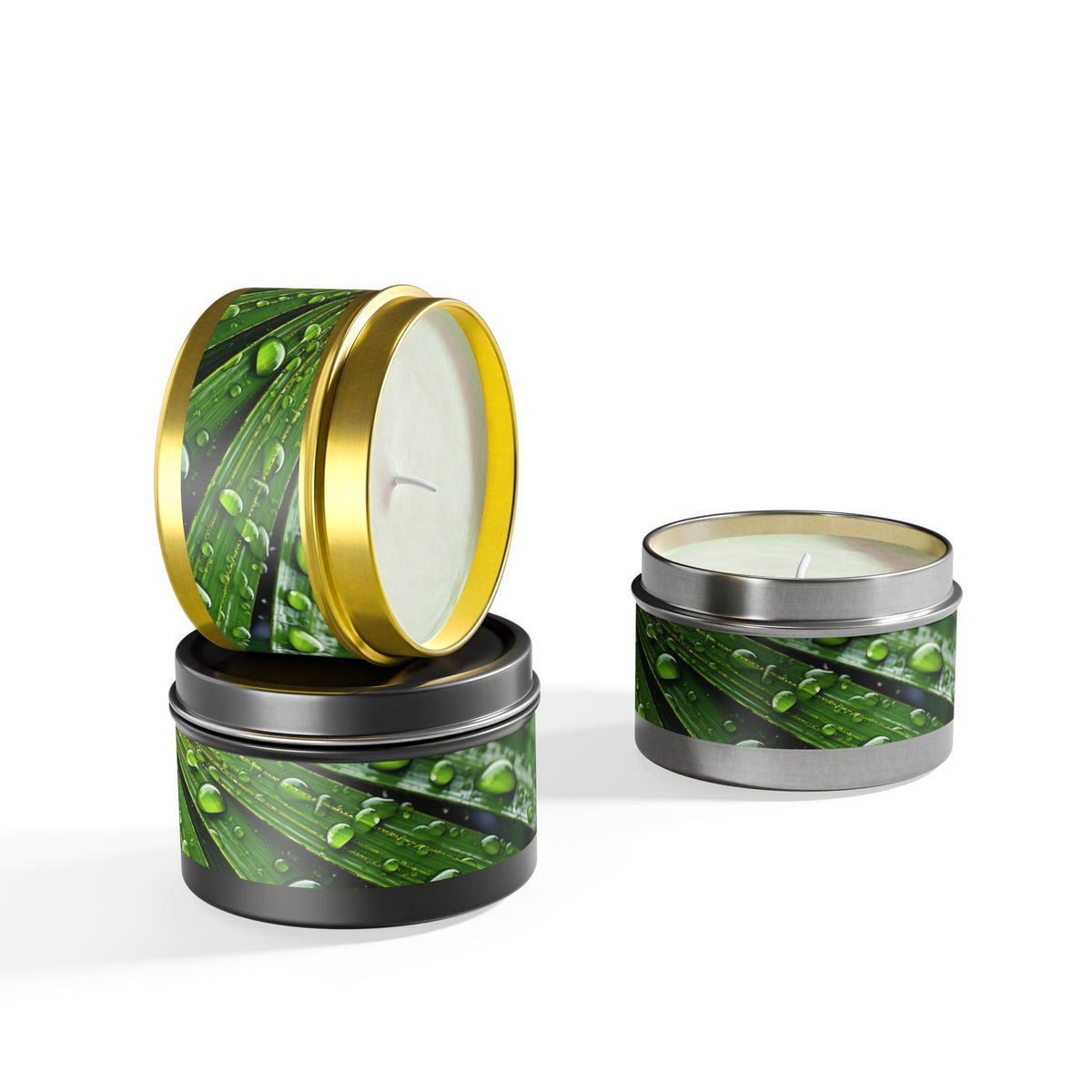 Tranquility Palm Tin Candle. Serenity in Every Spark - Embrace Nature's Calm. Available in 2 sizes, 3 finishes, and 5 scents.
