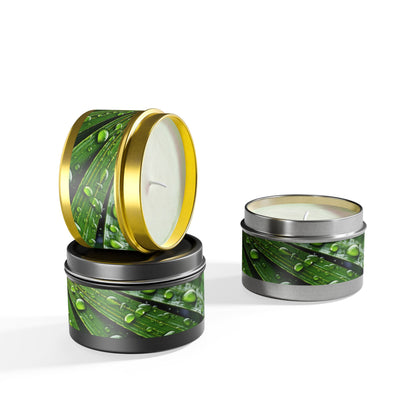 Tranquility Palm Tin Candle. Serenity in Every Spark - Embrace Nature's Calm. Available in 2 sizes, 3 finishes, and 5 scents.